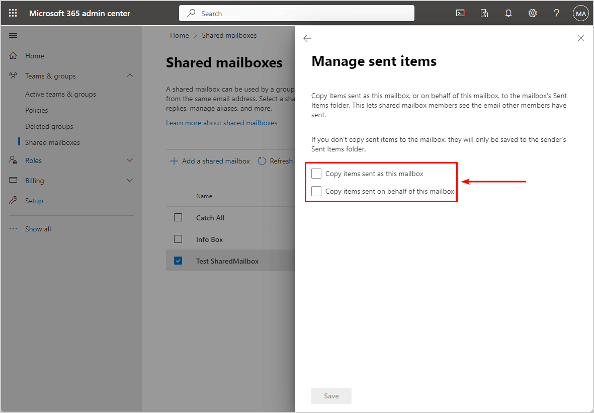 Remove save sent items in shared mailbox from user in Outlook