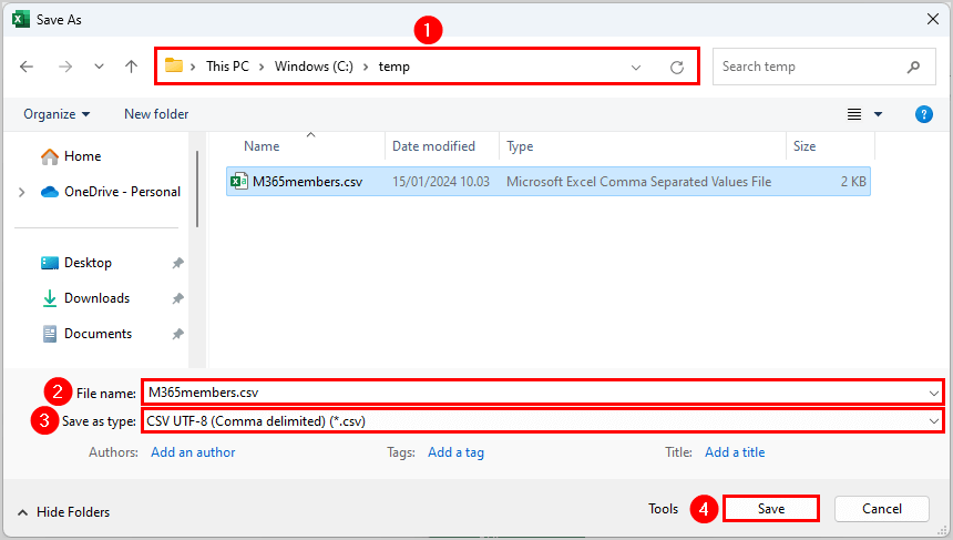 Save CSV file to add members in PowerShell script.