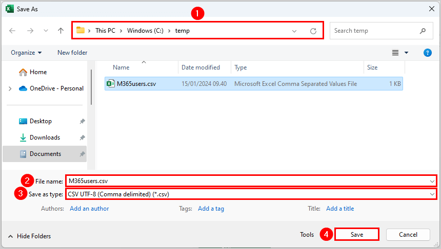 Save CSV file to add users in PowerShell script.