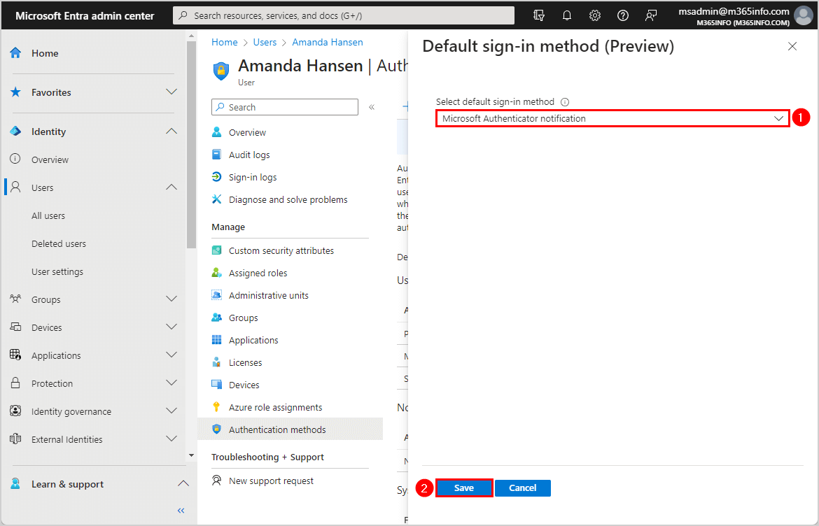 Select default-sign-in method for a single user in Microsoft Entra ID.