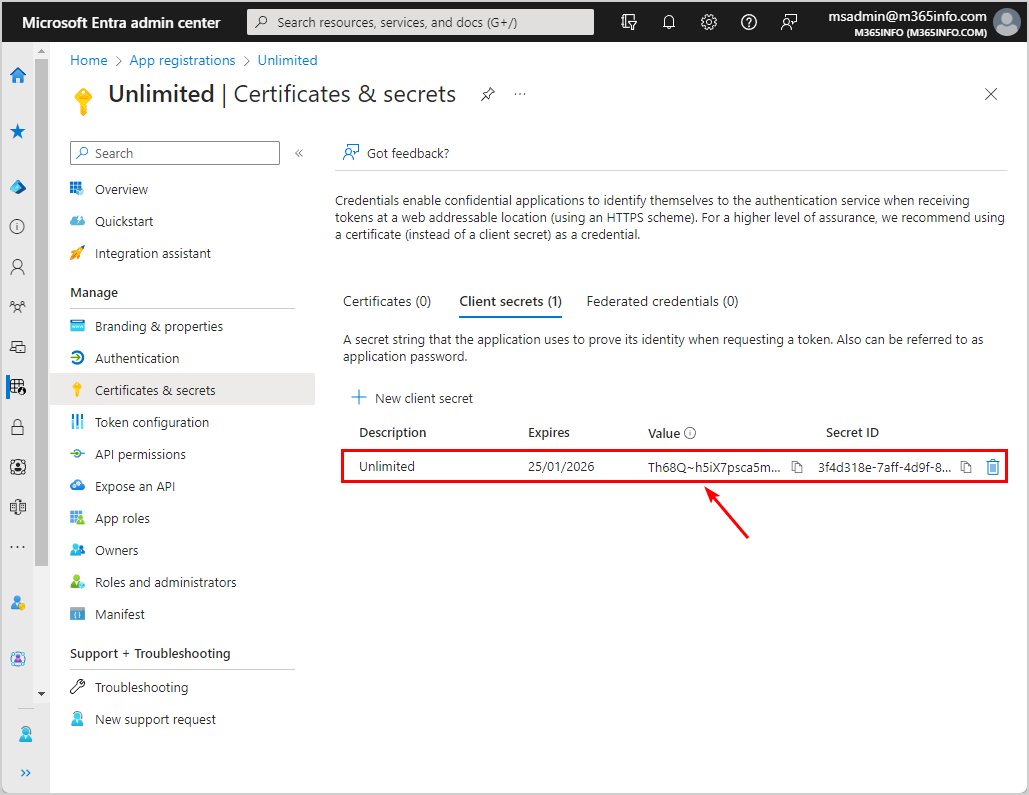 Create client secret value in Microsoft Entra ID