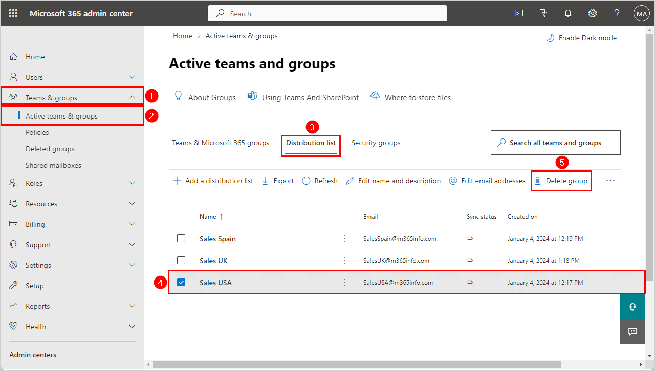 Delete a single distribution list group in Microsoft 365 admin center