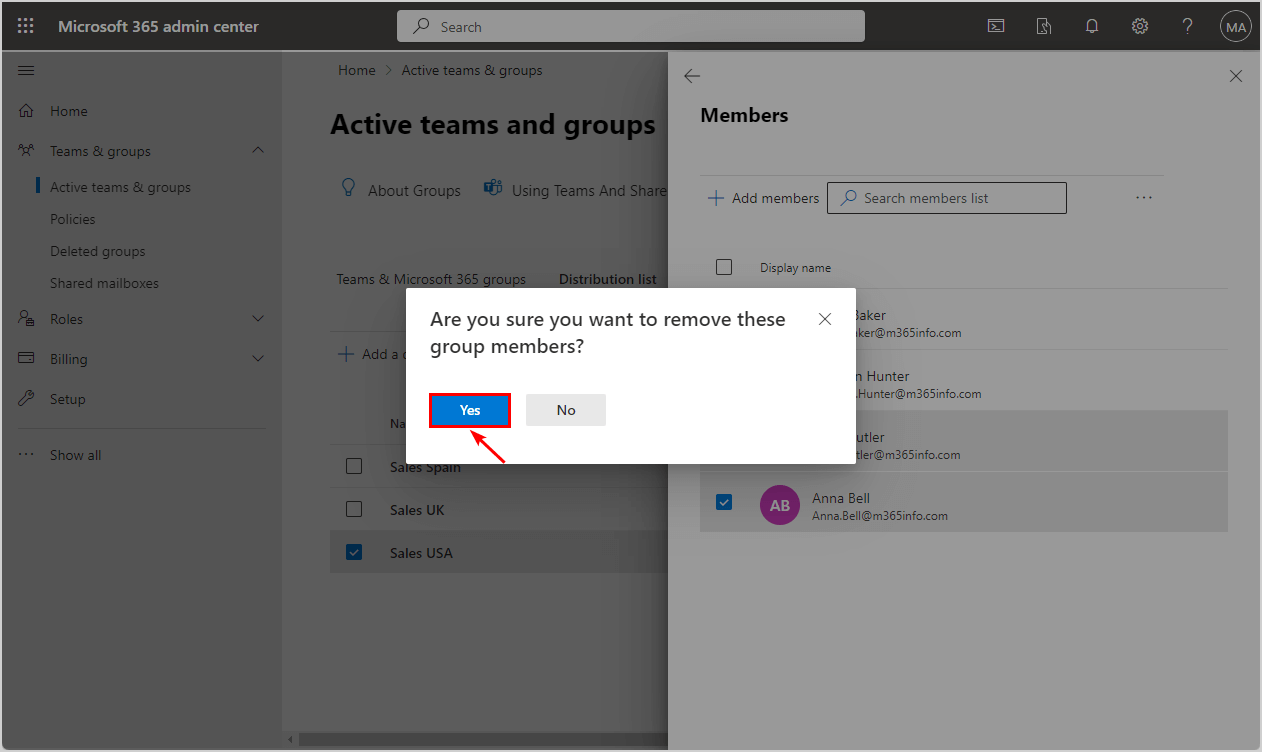 Remove distribution group members in Microsoft 365 admin center.