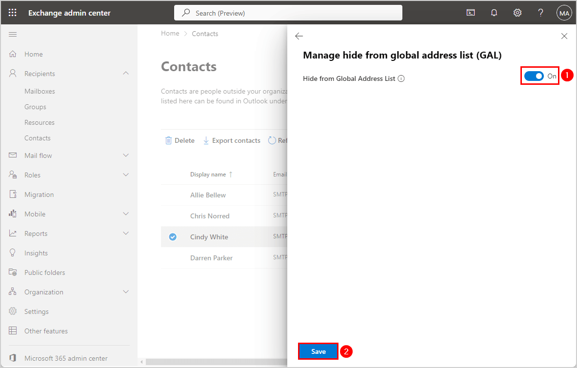 Hide contacts from Global Address List (GAL) in Exchange admin center.