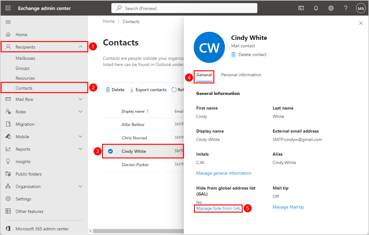 How to hide contacts from GAL in Exchange admin center.