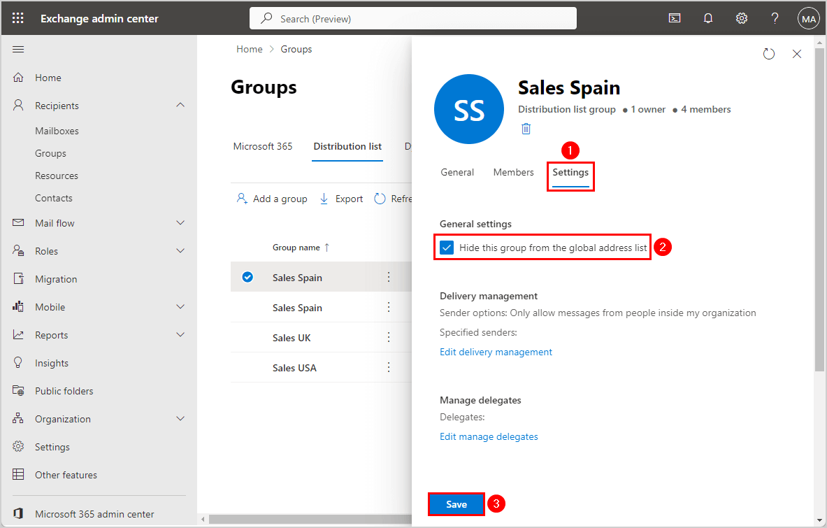 Hide groups from Global Address List (GAL) groups save in Exchange admin center.