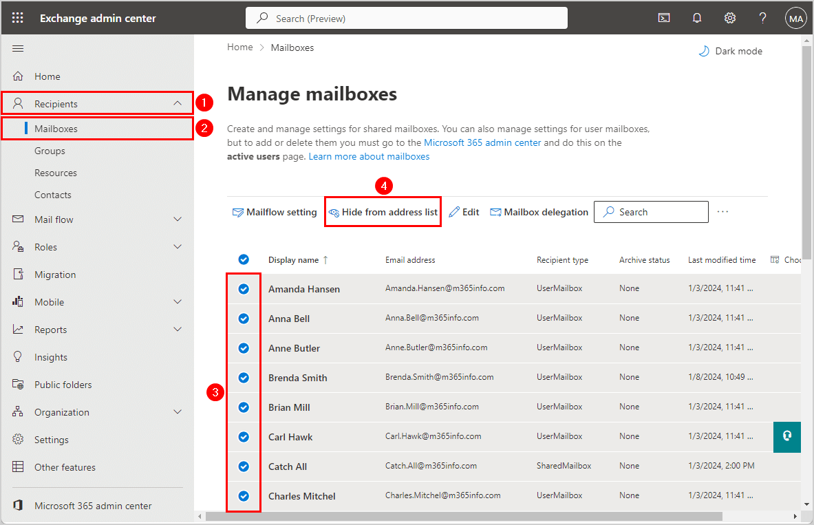 How to hide user and shared mailboxes from address list in Exchange admin center.