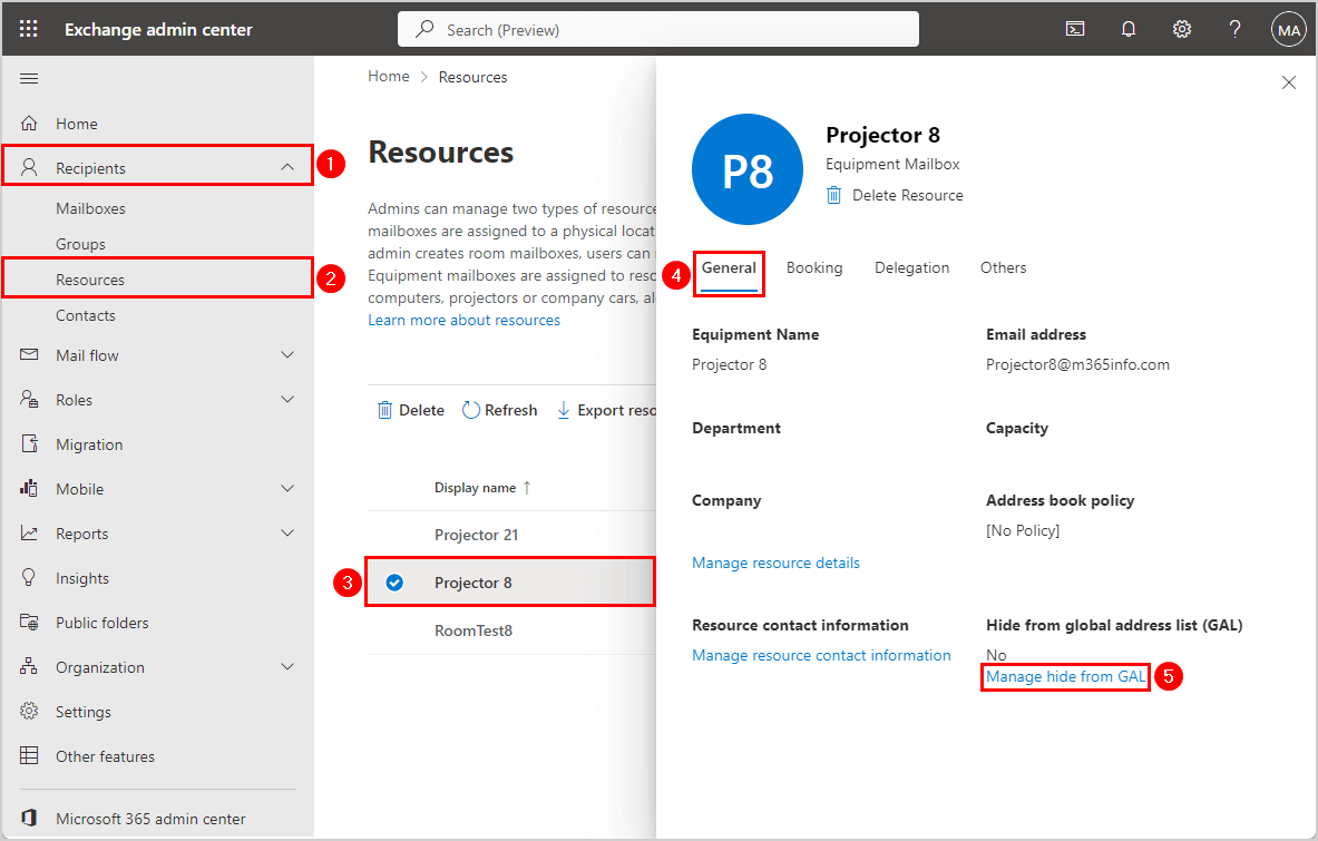 How to hide resources from GAL in Exchange admin center.