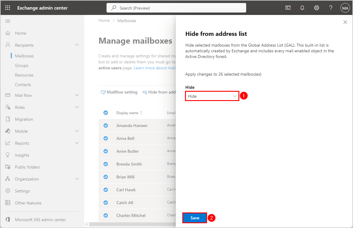 Hide multiple users from Global Address List (GAL) in Exchange admin center.