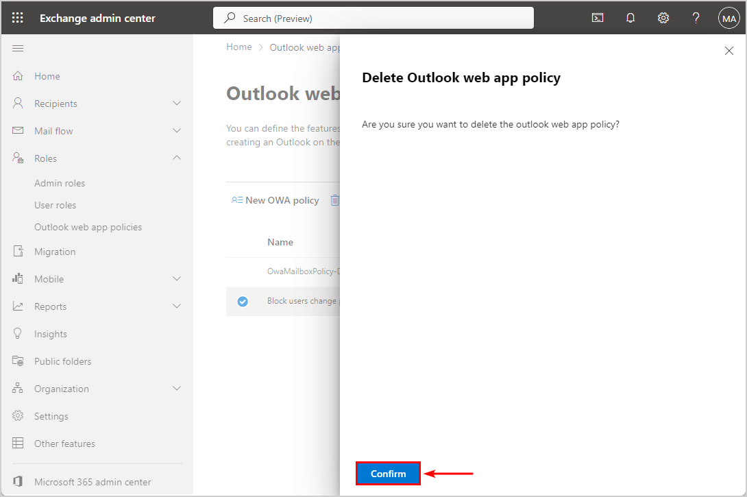 Confirm Remove OwaMailboxPolicy in Exchange Admin Center