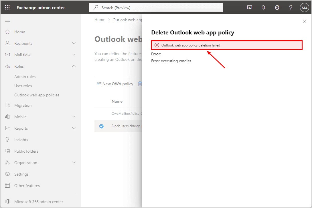 Remove OwaMailboxPolicy in Exchange Admin Center
