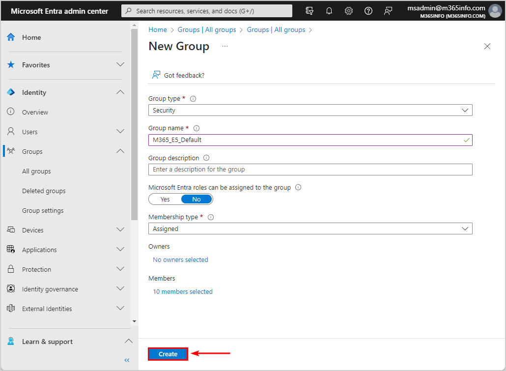 Click create new security group in Microsoft Entra admin center.