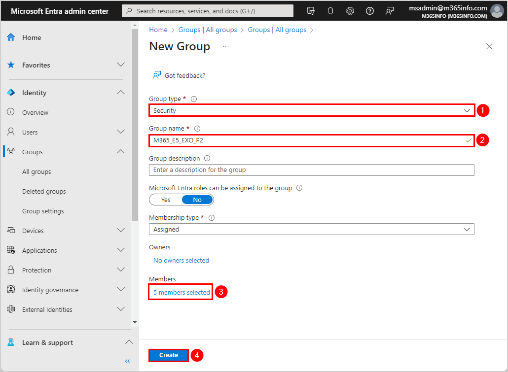 Create new security group including members in Microsoft Entra admin center.