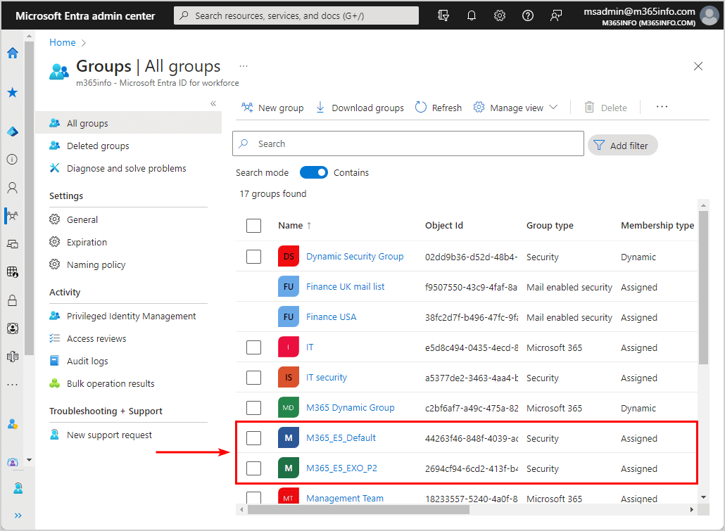 All created groups in Microsoft Entra admin center