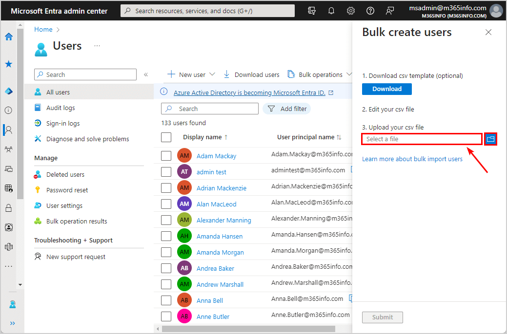 Upload CSV file in Microsoft Entra ID to bulk create users.