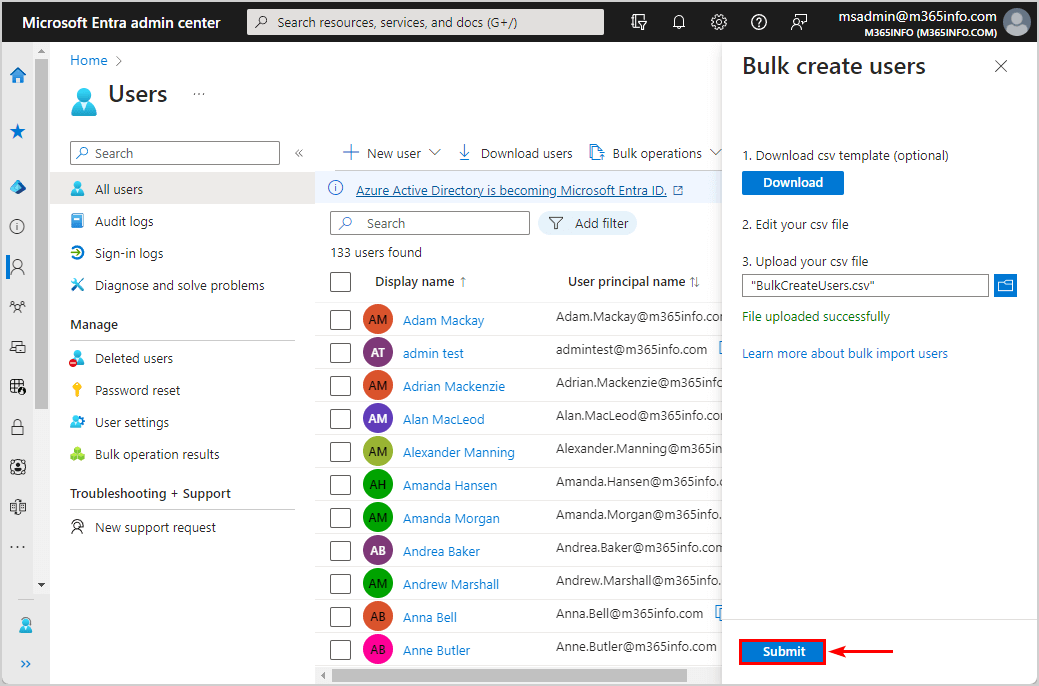 Bulk create Microsoft 365 users with CSV file in Microsoft Entra.