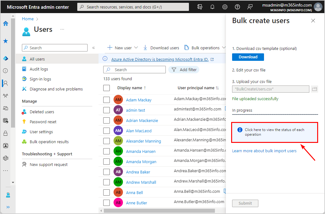 BulkCreateUsers.csv file uploaded successfully in Microsoft Entra ID.