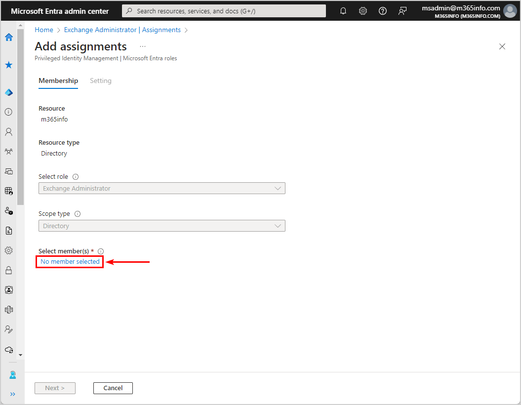 Add assignments in Microsoft Entra roles select member.