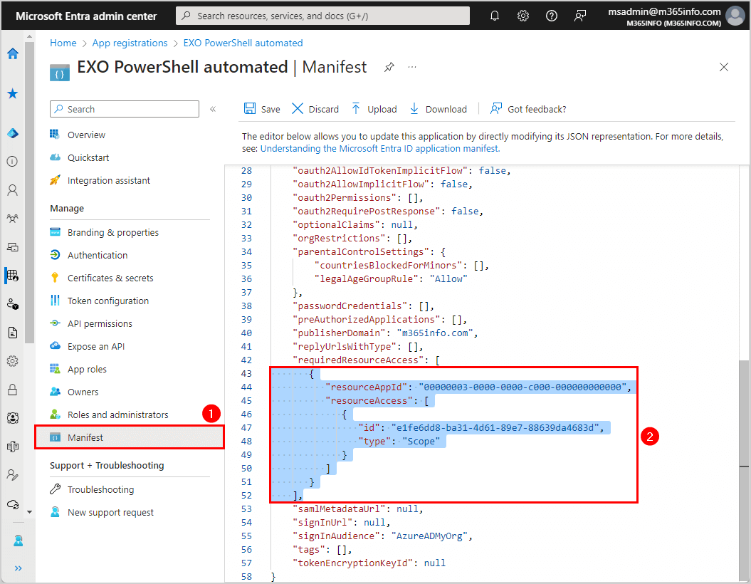 EXO PowerShell automated Manifest in Microsoft Entra ID.