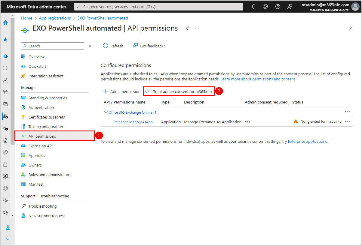 Grant admin consent for m365info in Microsoft Entra ID API permissions.