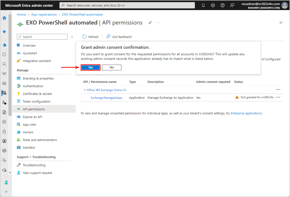 Grant admin consent confirmation Yes in Microsoft Entra ID.