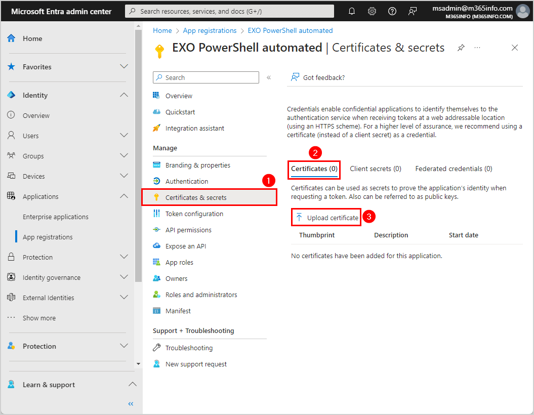 Upload certificate in Microsoft Entra.