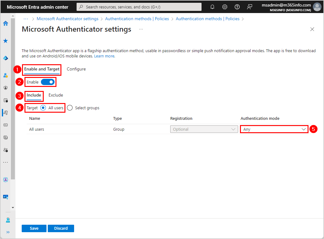 Enable Microsoft Authenticator app settings