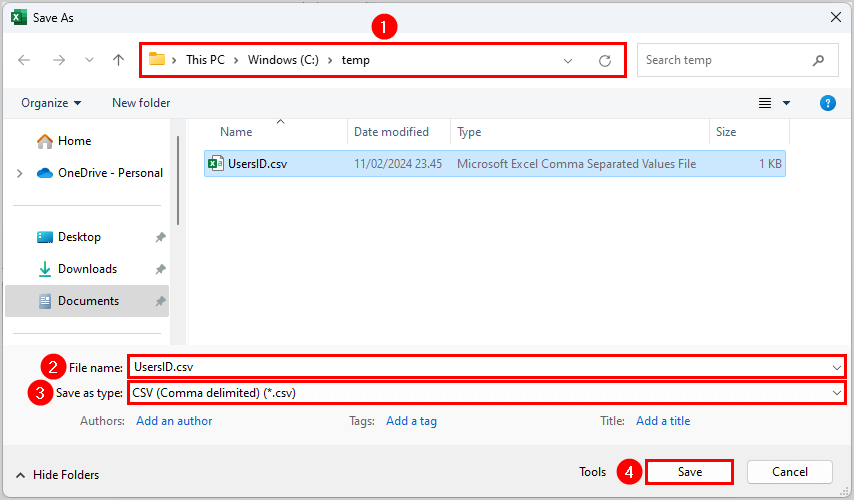 Save Microsoft users Employee ID CSV file in temp folder. 