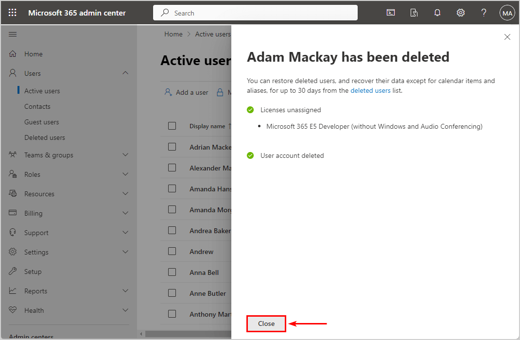 The user account has been deleted in Microsoft 365 admin center