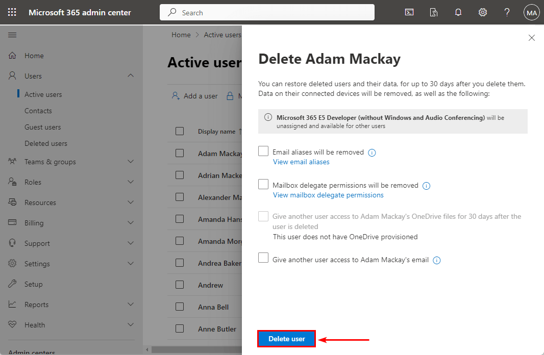 Delete user and restore data in Microsoft 365 admin center