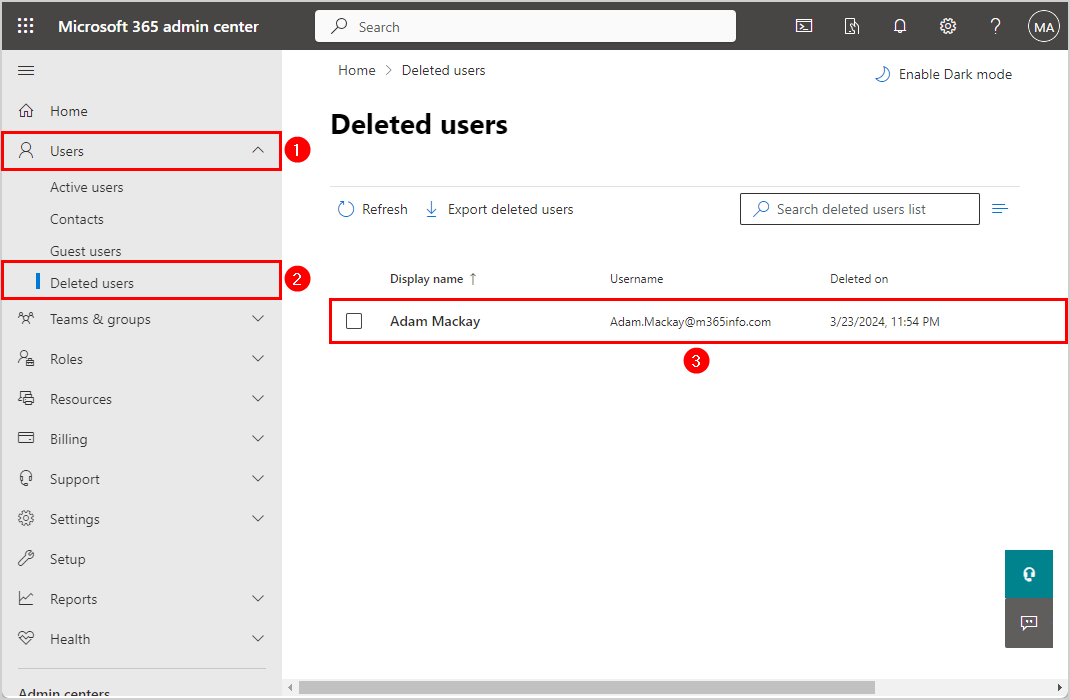 Find soft-deleted user mailbox in deleted users list in Microsoft 365 admin center
