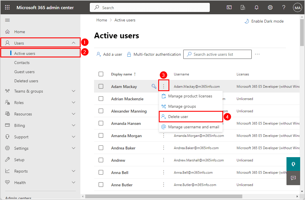 Delete user mailbox in Microsoft 365 admin center