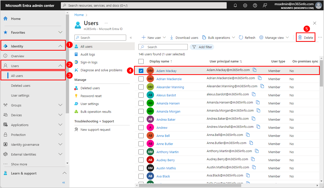 Delete user mailbox in Microsoft Entra ID