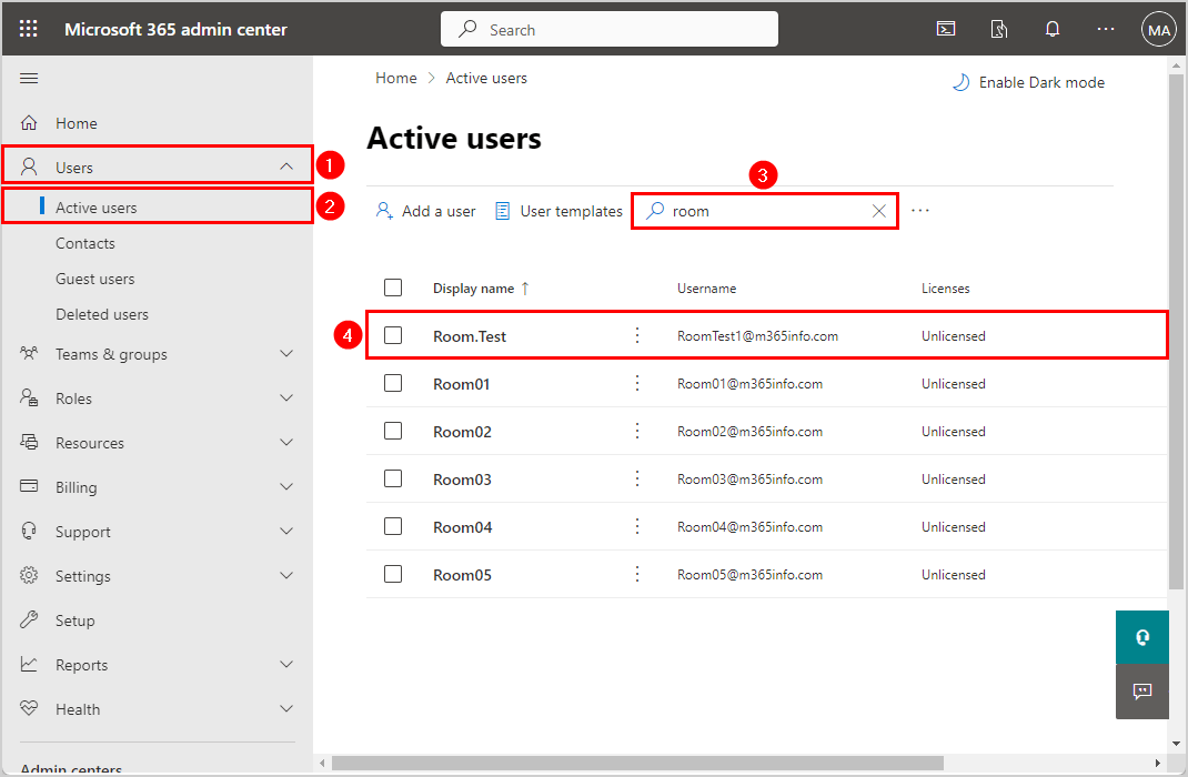 Verify restore deleted room mailbox in Microsoft 365 admin center in active users list
