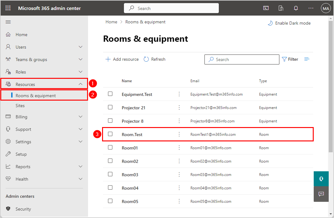 Verify restore deleted room mailbox in Microsoft 365 admin center in resources list