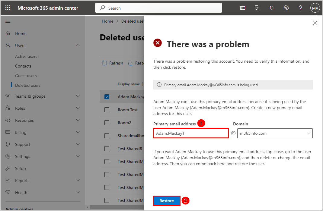 Problem to restore user mailbox same primary email address