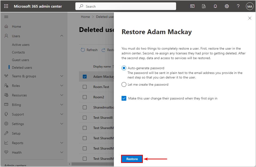 Restore the user in Microsoft 365 admin center