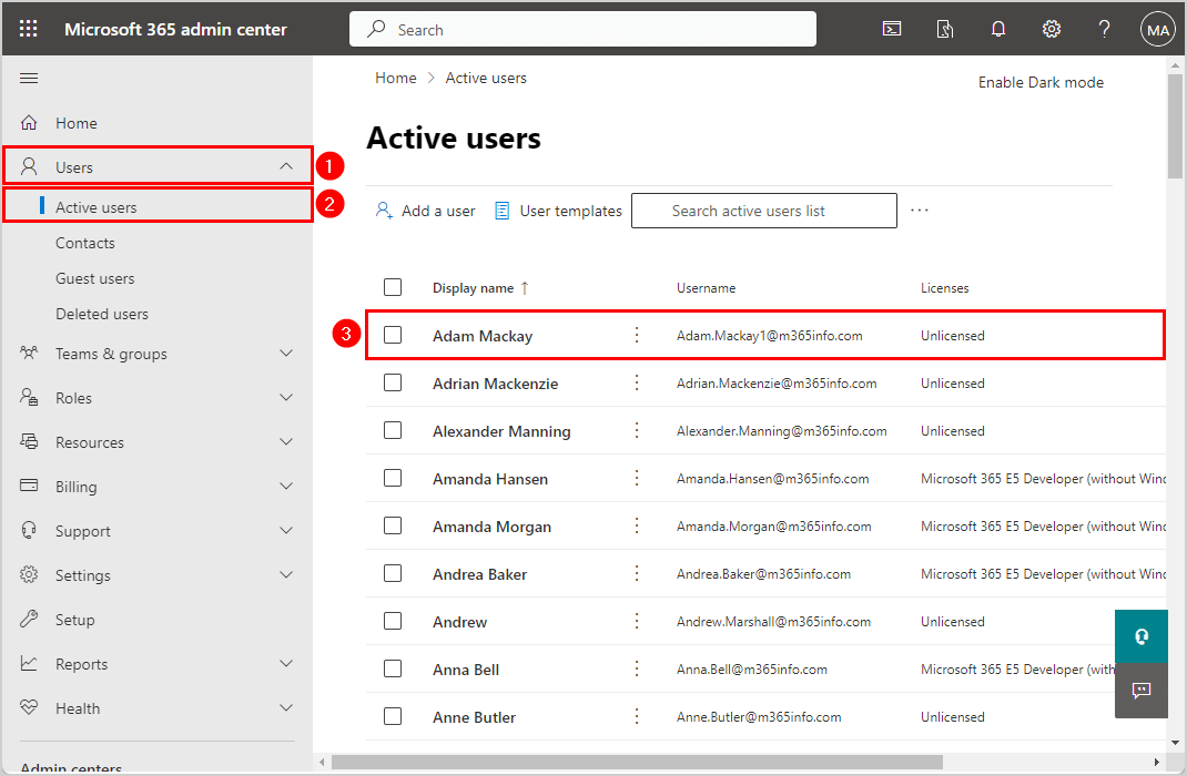 User in the active users list in Microsoft 365 admin center