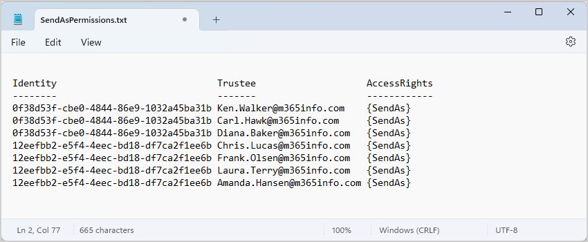 Manage send as permissions to users to TXT file with PowerShell