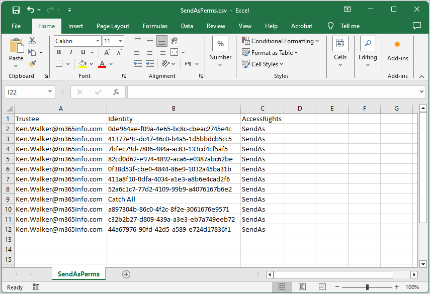 Export all Send As permissions from single user to CSV file