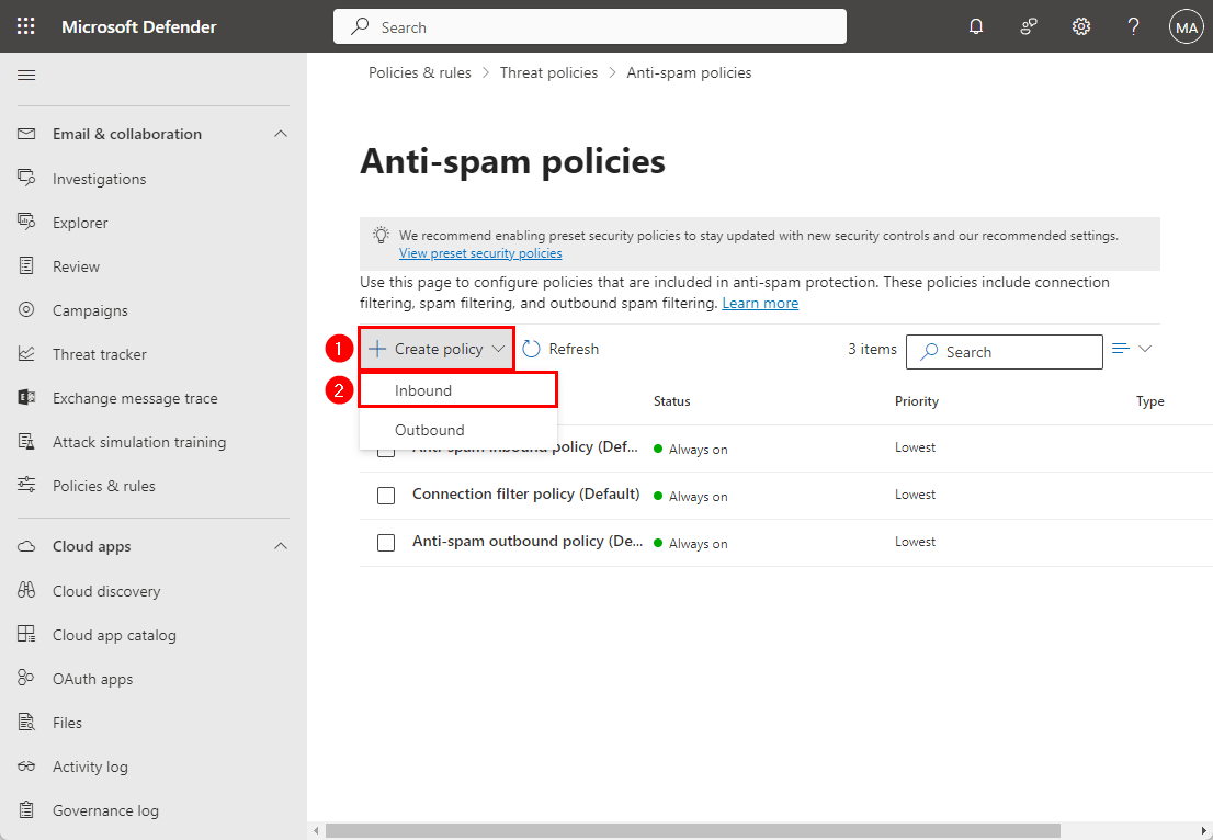 Create new anti-spam policy inbound