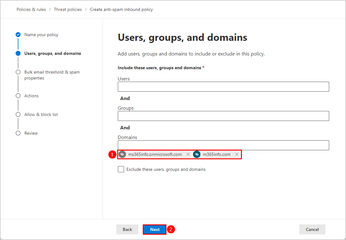 Include users, groups, and domains in this policy
