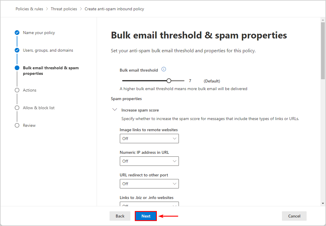 Bulk email threshold & spam properties default settings