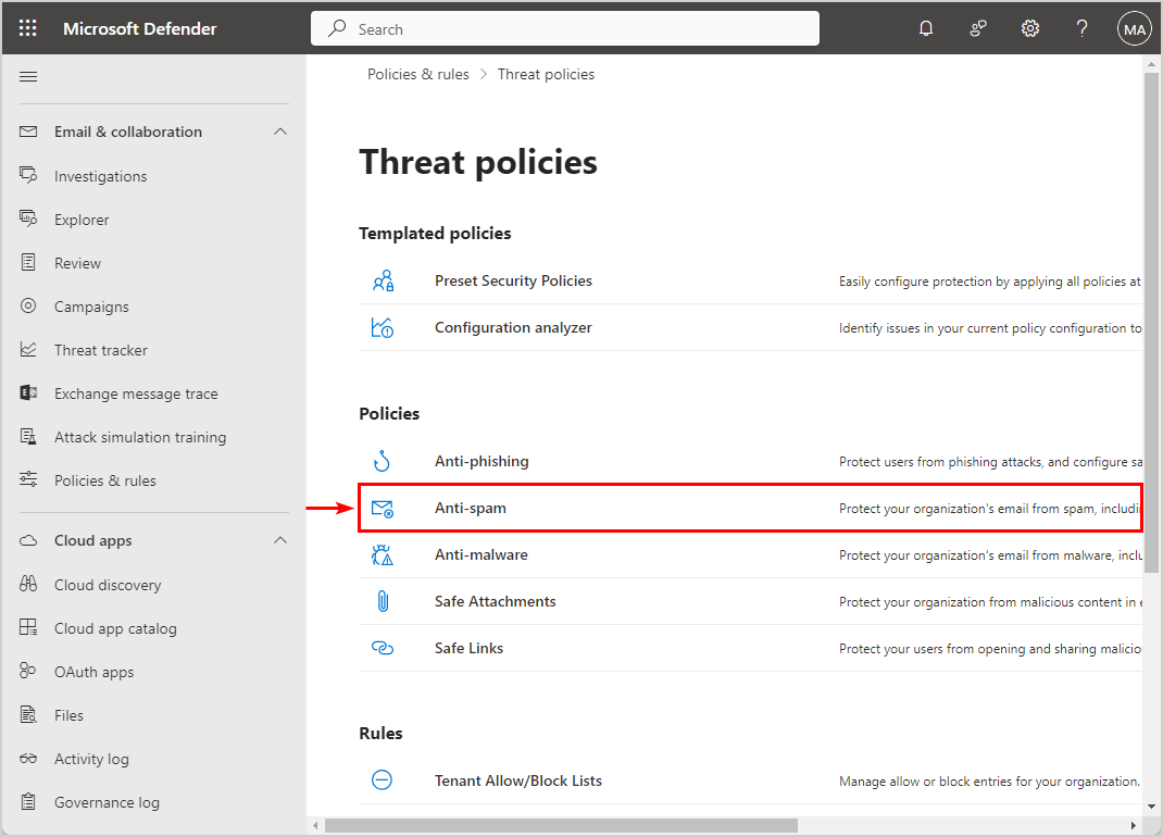 Microsoft Defender Threat policies Anti-Spam