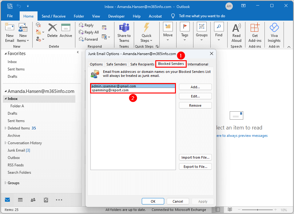 Verify Blocked Senders in Outlook Junk Email Options