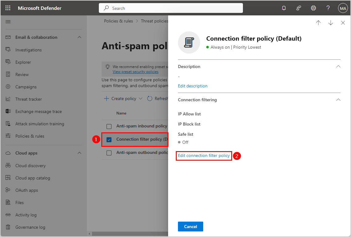 Anti-spam connection filter policy