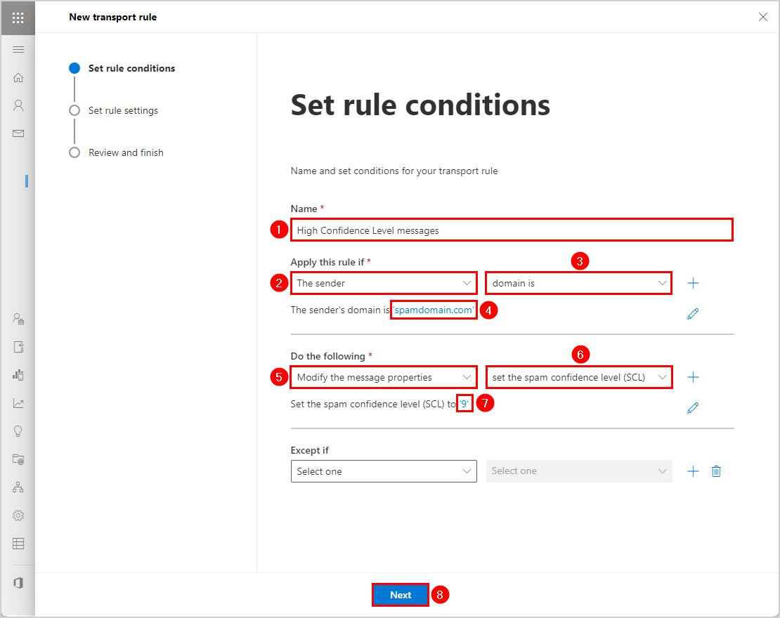 Set rule conditions mail flow rule EAC