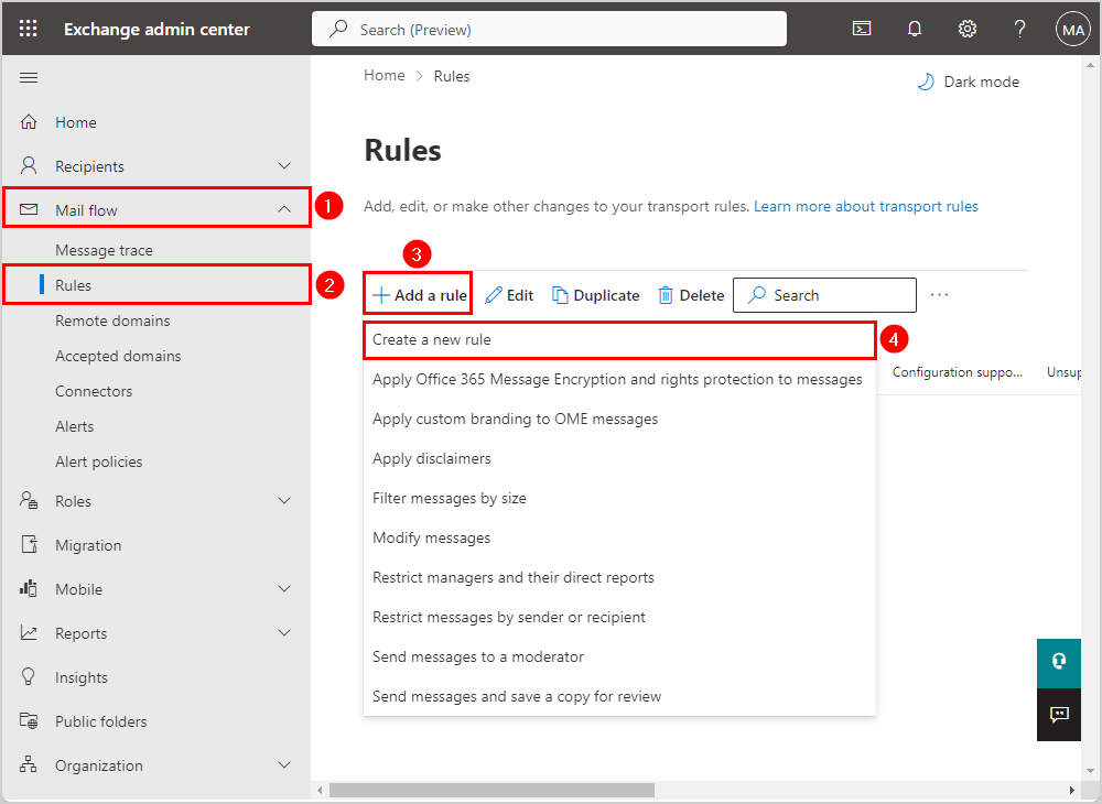 Exchange admin center create new mail rule