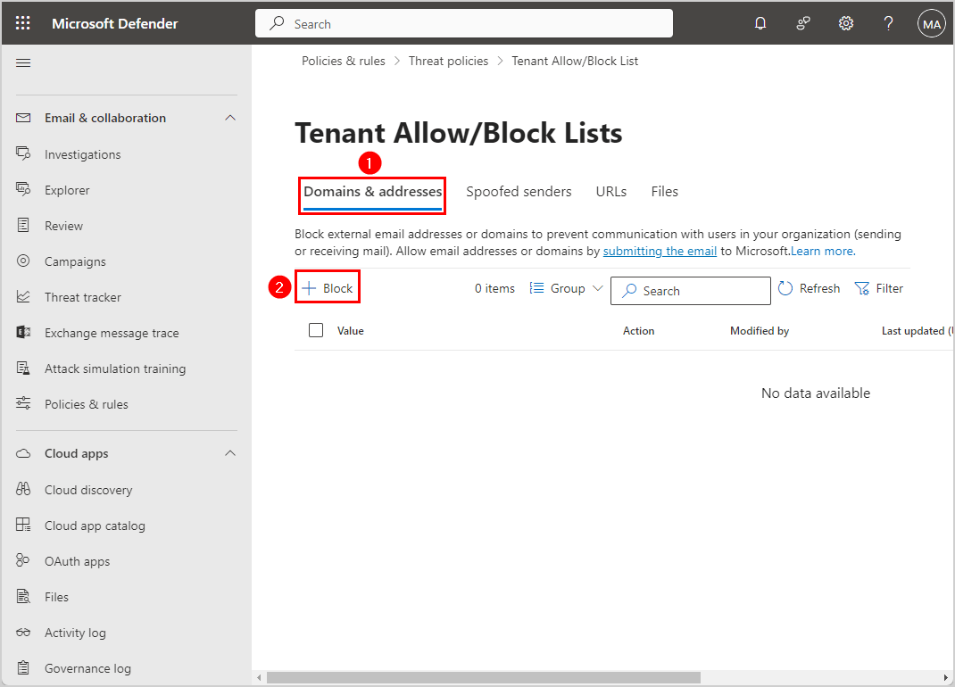 Microsoft Defender Tenant Allow/Block Lists Block