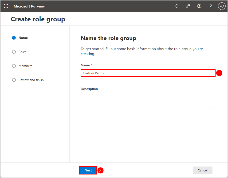 Name new role group in Microsoft Purview